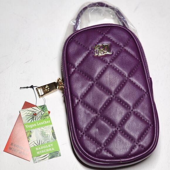 Badgley Mischka Oval Phone Case Crossbody Bag Diamond Quilted Plum Vegan Leather - Picture 1 of 4